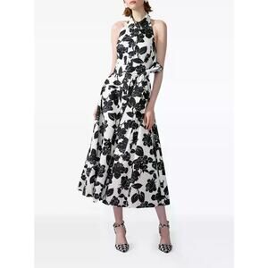 NWT Carolina Herrera Floral Print Halterneck Midi Dress Black White Size 4